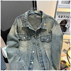 春季新款牛仔外套男女日系宽松复古做旧水洗牛仔夹克WT2481p75，男装夹克，星座1013