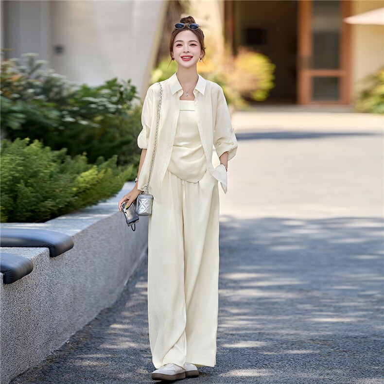 小香风时尚套装女2026新款洋气减龄夏季防晒衬衫吊带阔腿裤优雅,女装套装/套裙,衣之秀