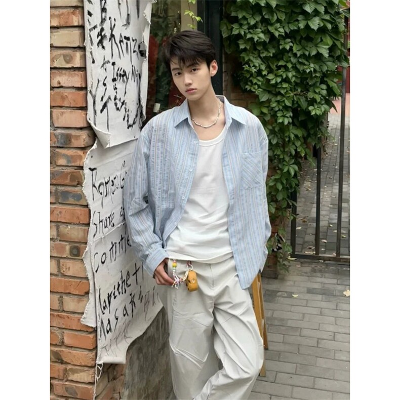 1506/GM1630/P44男装衬衫冬季新款时尚条纹翻领宽松休闲上衣,男装衬衫,星座1506A
