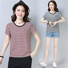 纯棉条纹运动服女夏季2025时尚洋气宽松显瘦装短袖T恤，女装T恤，板酷