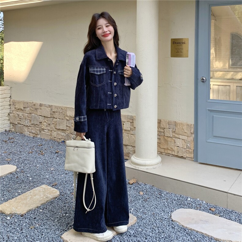 学院风格子牛仔外套阔腿裤两件套女秋冬2025新款巨好看超漂亮套装,女装套装/套裙,2C012