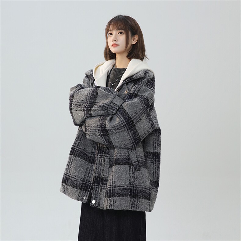 假两件连帽格子毛呢外套男秋冬加厚宽松时尚夹克上衣M896-P135,男装棉衣,电商A170