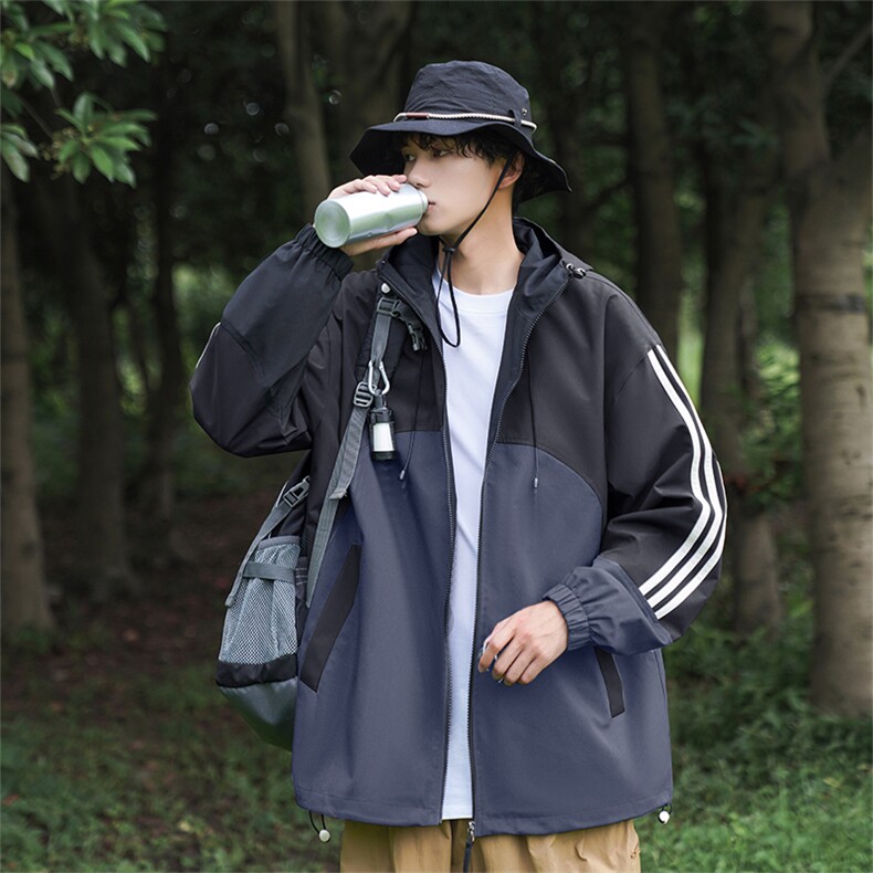 山系风冲锋衣侧条纹夹克中性风户外防风连帽外套秋A436-8805-P75,男装夹克,电商A436
