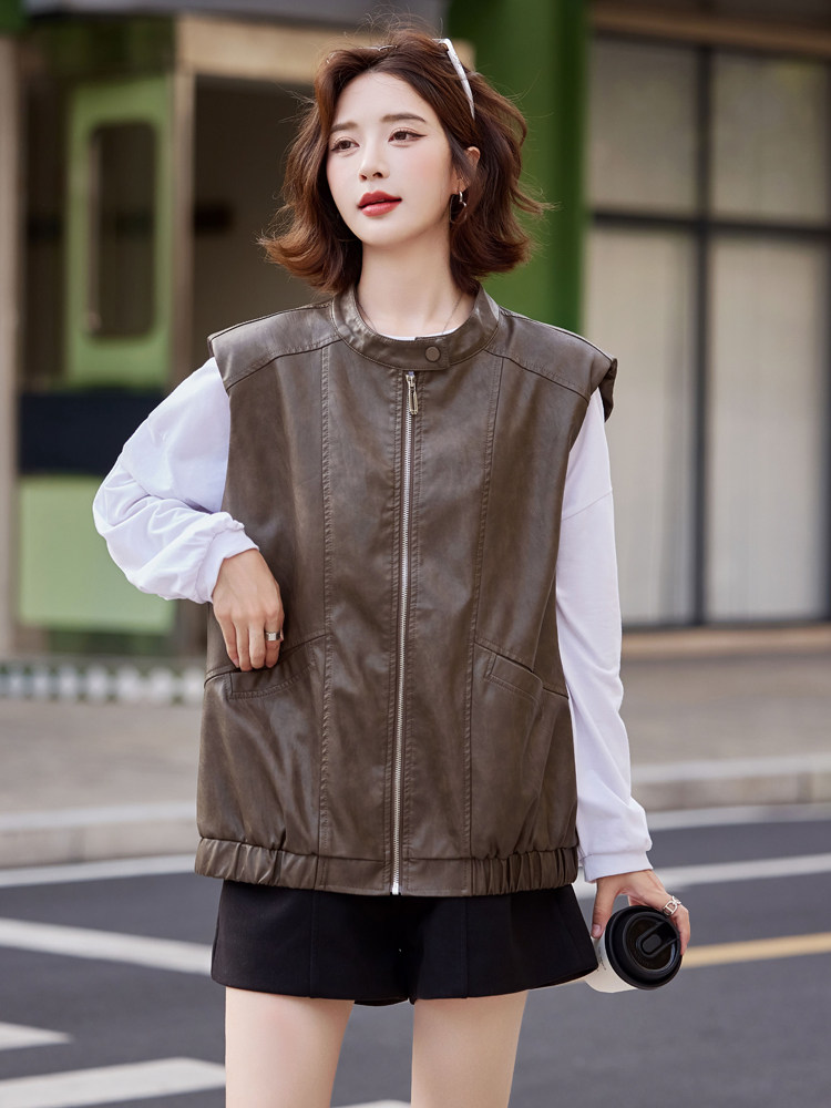 现货数据好复古气质PU皮马甲外套宽松设计感2024年秋季，女装皮衣，莜菲儿