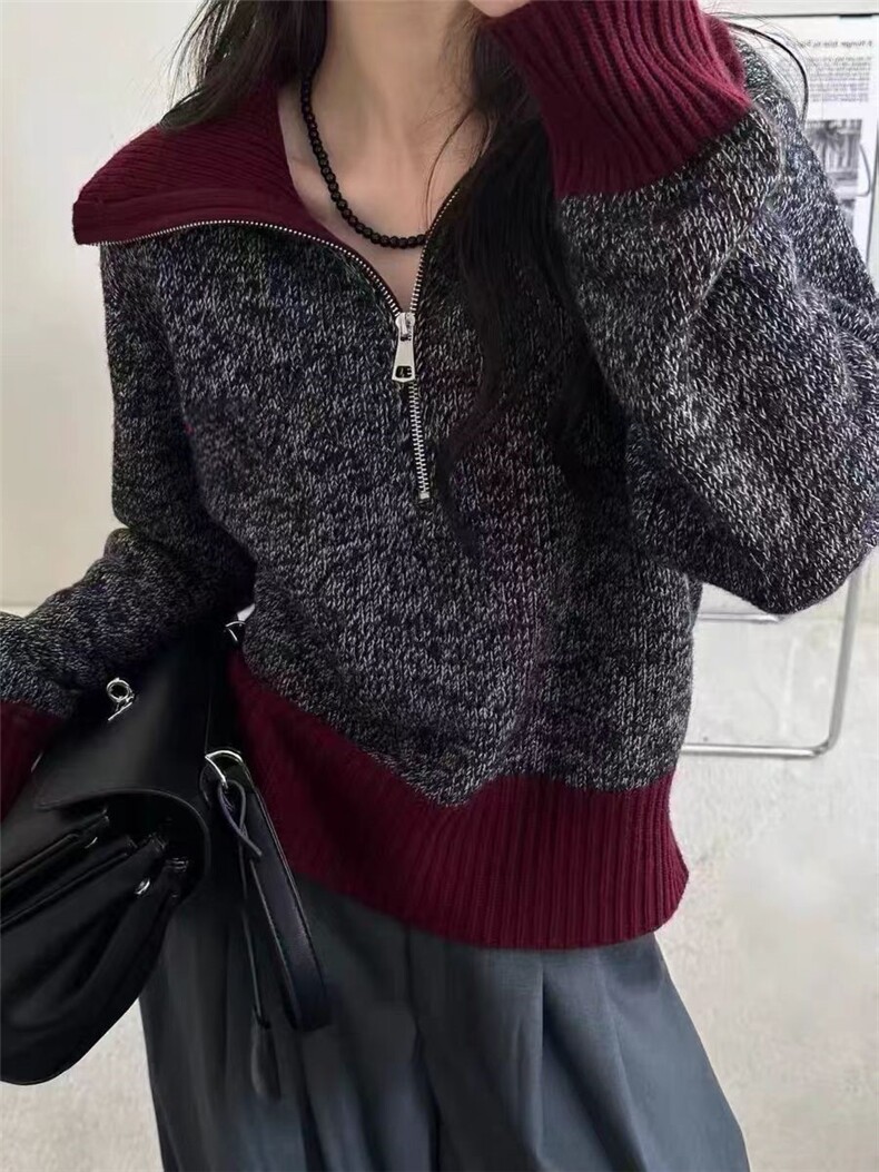 2025年秋季新款百搭翻领AB半拉套衫，女装针织衫/毛衣，恒恩羊绒