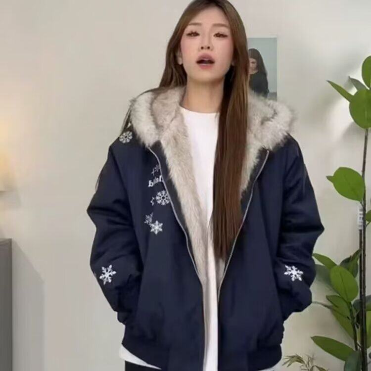 美式复古雪花刺绣连帽座山雕棉服男女加厚绒冬季情侣保暖棉衣外套,男装棉衣,星座506A