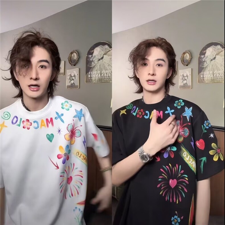 夏季手绘涂鸦印花小众设计T恤男美式圆领潮牌情侣短袖重磅五分袖,男装T恤,星座1210-1
