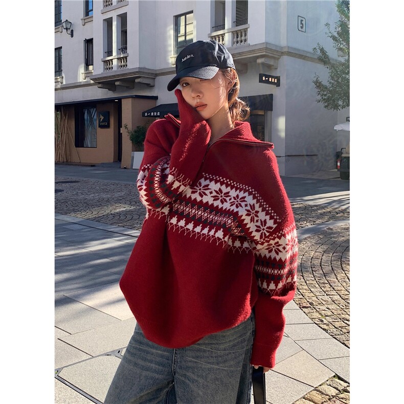 美式复古费尔岛提花针织衫男女半拉链高领毛衣慵懒感宽松潮流外套,男装针织衫/毛衣,四季星座505
