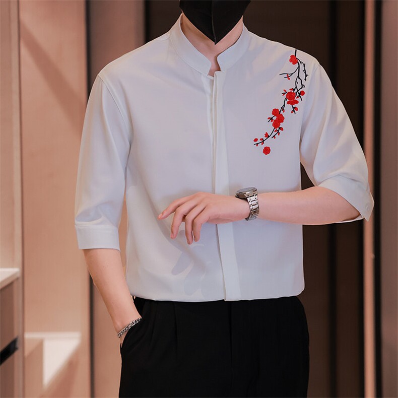 小伙立领纯色衬衫男休闲宽松风刺绣衬衣轻熟风A236-82571-P55,男装衬衫,电商A236