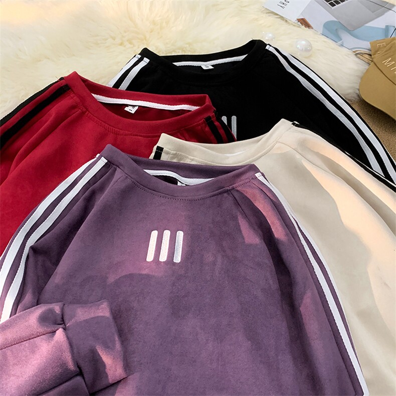 麂皮绒卫衣男春秋季日系复古条纹套头上衣服重磅宽松休闲无帽外套图片