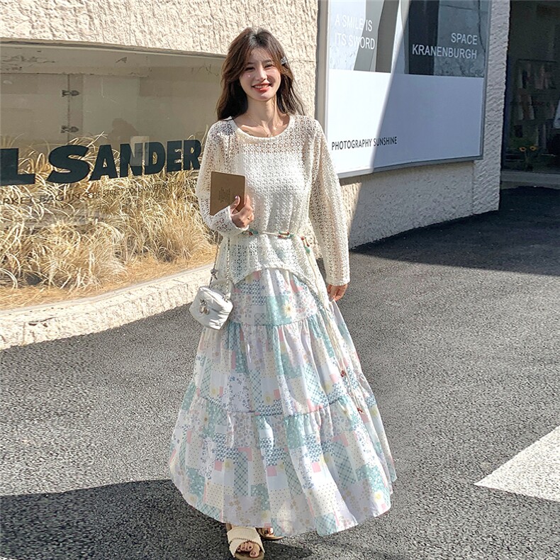 时尚镂空针织上衣女2025年夏季流行独特绝美碎花半身裙,女装连衣裙,维壹