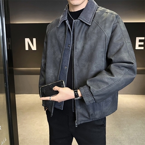 标50绒 男士翻领假两件短款PU皮羽绒服休闲保暖外套 5065-P255图片