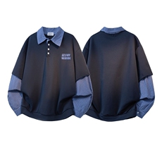 【高质量】假两件格纹拼接翻领卫衣学院风情侣Polo上衣W189-P65，男装卫衣，电商B245