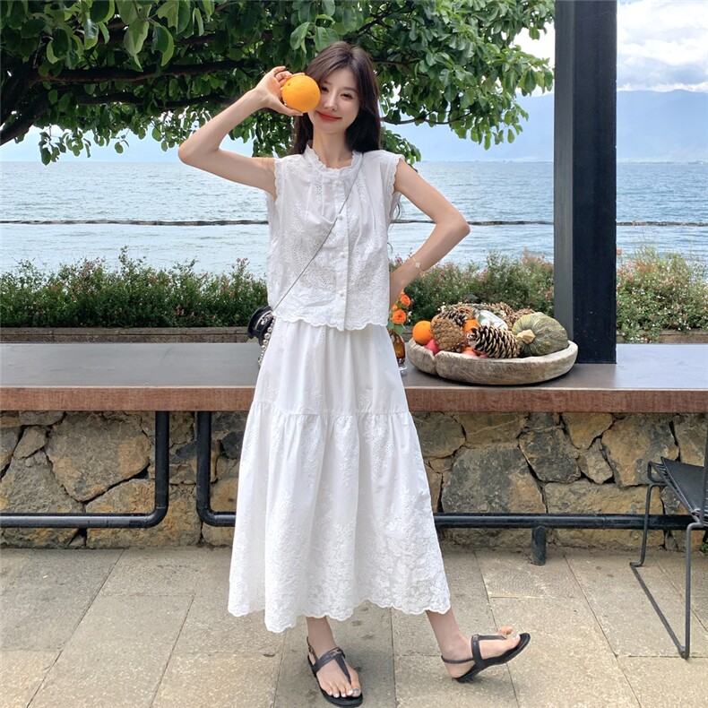 新中式国风白色刺绣半身裙套装女夏2025新款两件套独特漂亮超好看,女装套装/套裙,2D076