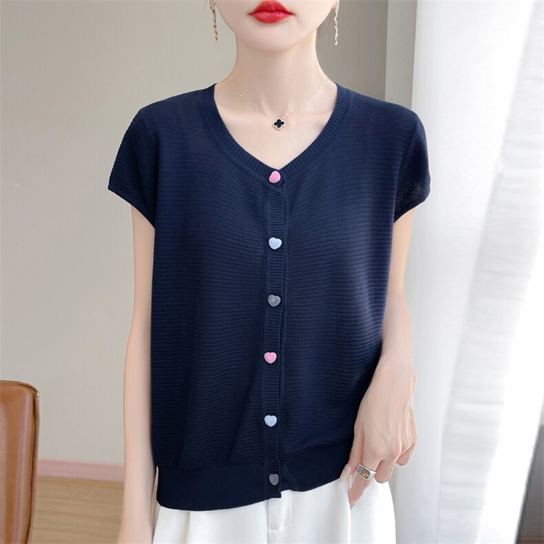 夏季新款莱赛尔天丝心形扣开衫女宽松百搭显瘦时尚休闲上衣,针织衫/毛衣,暖娇绒