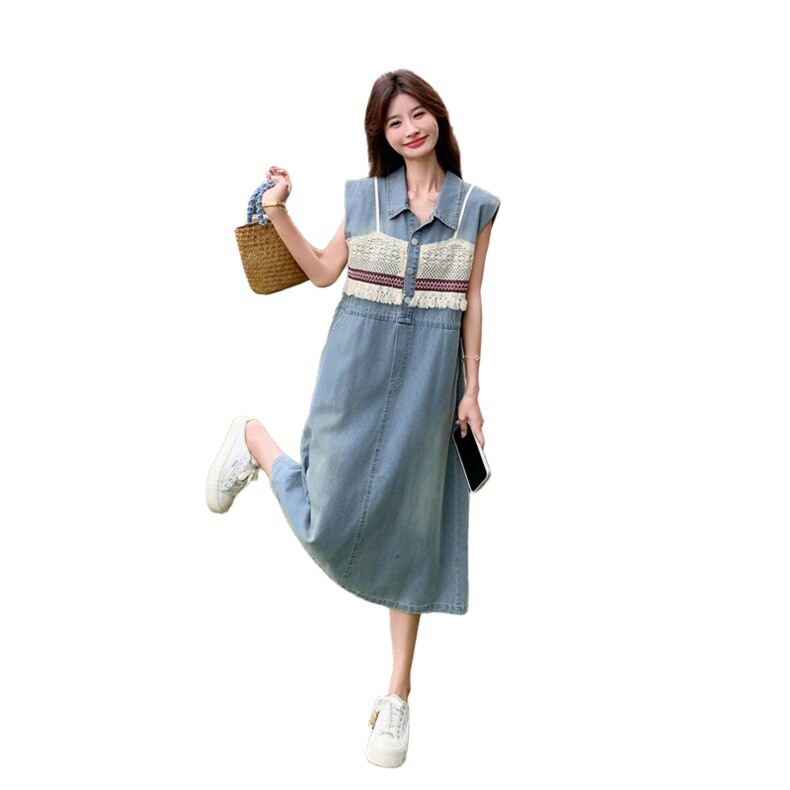 法式蓝色针织拼接牛仔连衣裙女夏2025新款收腰显瘦绝美气质长裙子,女装套装/套裙,2C279