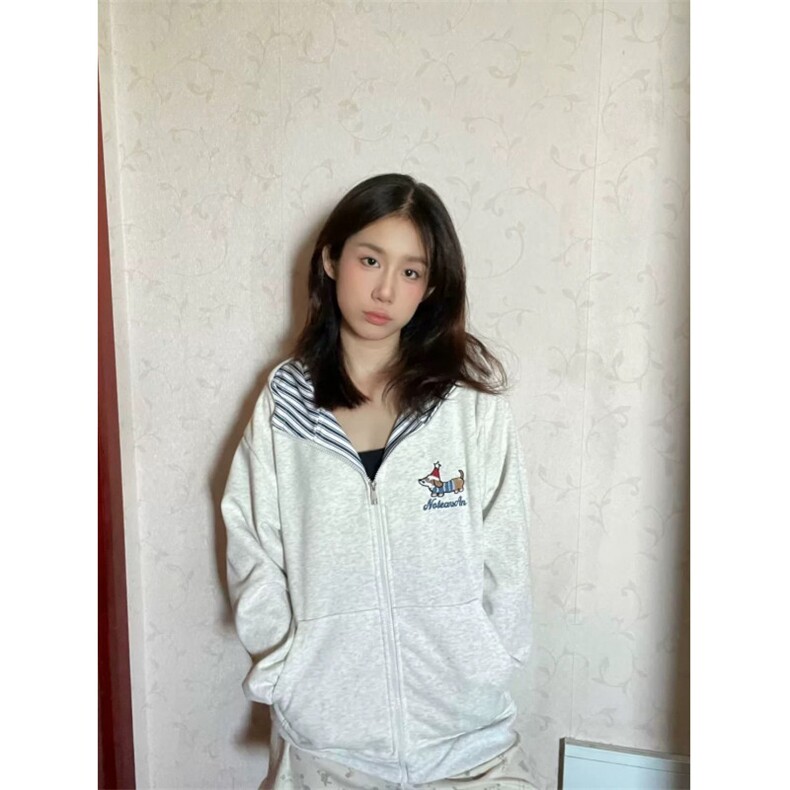 腊肠狗美式假两件格子连帽卫衣拉链开衫个性慵懒风宽松情侣外套,女装短外套,星座601-1