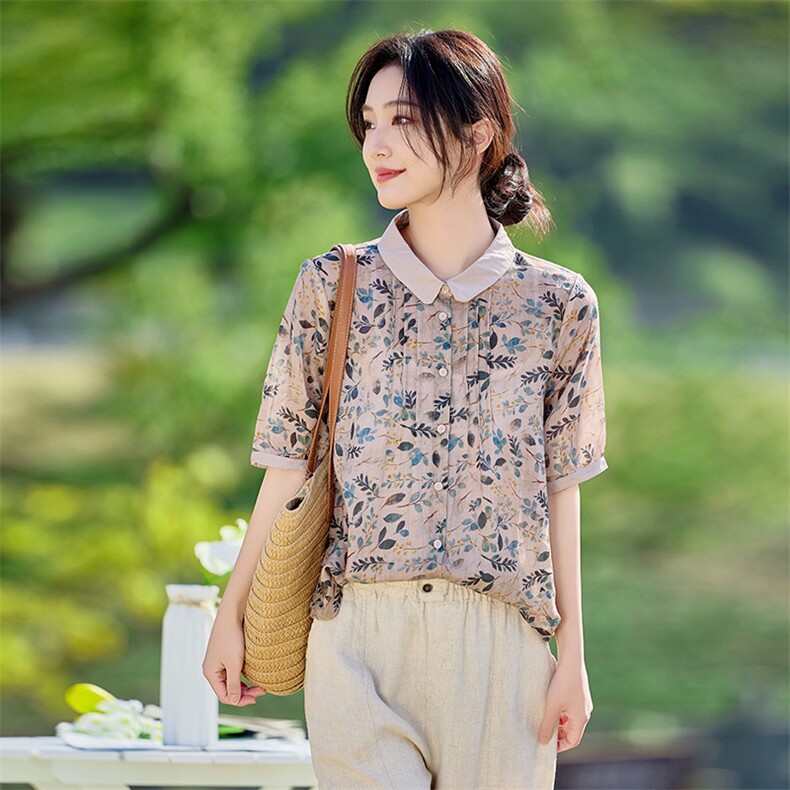2026年夏季女短袖宽松苎麻常规亲肤透气文艺风,女装衬衫,江南依恋