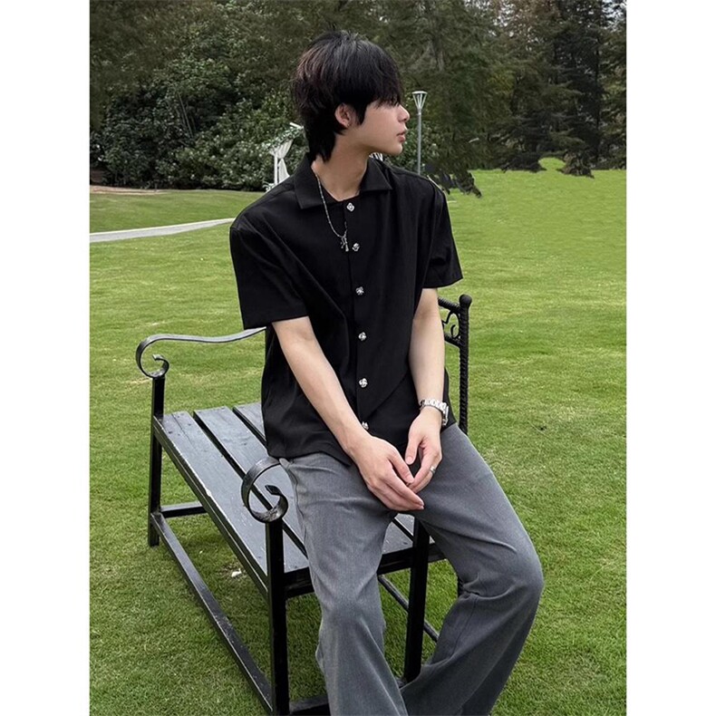 得物抖音品质二开老钱风亚麻冰丝纹短袖衬衫男女休闲美式潮牌衬衣,男装T恤,电商A486