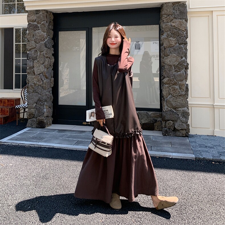 现美拉德甜酷氛围感PU假两件连衣裙+打底衫两件套2592P185K278,女装连衣裙,2C029