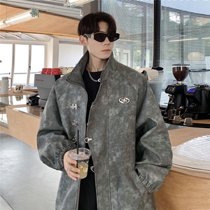 1美式复古飞机扣可拆卸胸针PU皮大码M-5XL夹克男JK77768P105控148图片