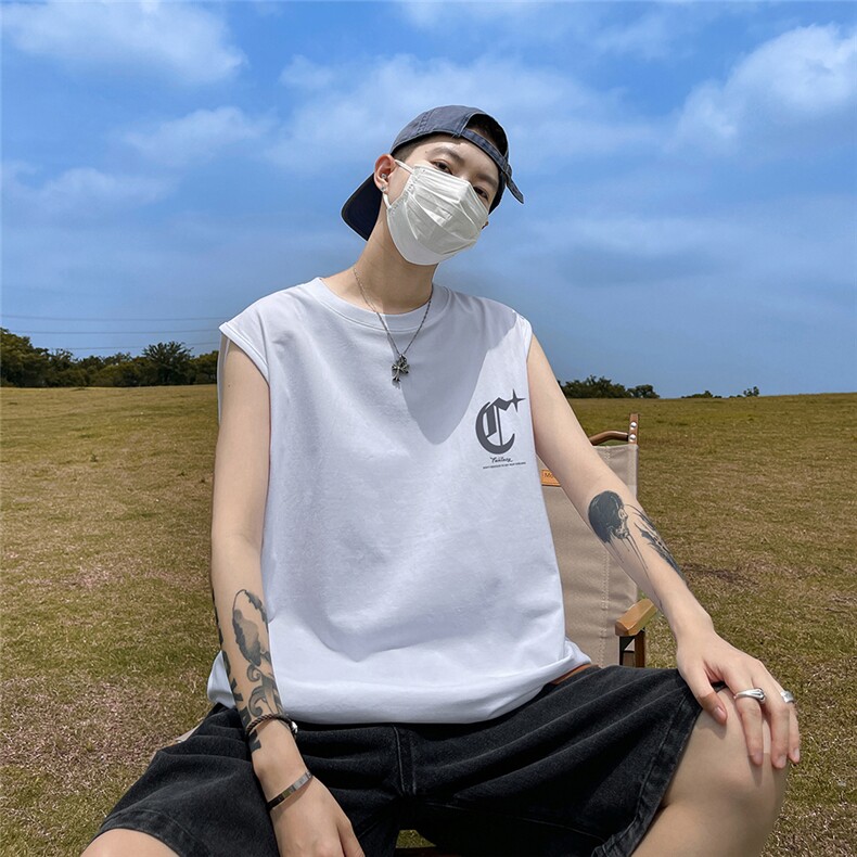 港风23新款夏季时尚百搭无袖印花圆领短袖T恤DT65006P25控38,男装T恤,电商A268A