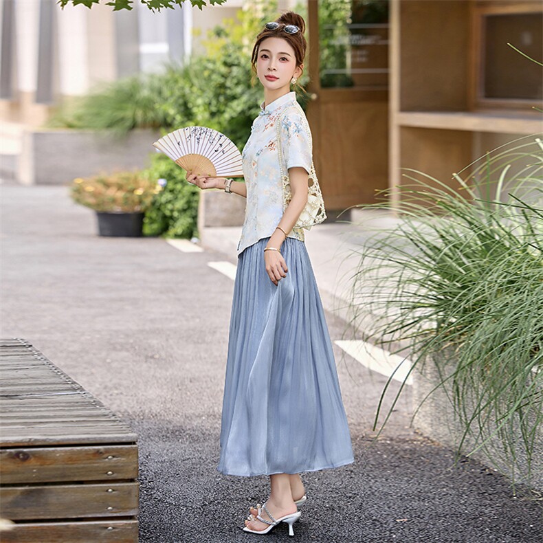 新中式国风套装裙女2025夏新款气质印花盘扣短袖上衣半身裙两件套,女装套装/套裙,沁沁公主
