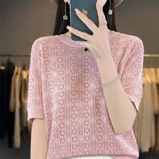 简约圆领针织短袖T恤女宽松休闲镂空薄款纯色小衫高级感百搭上衣，女装T恤，秋虹羊绒