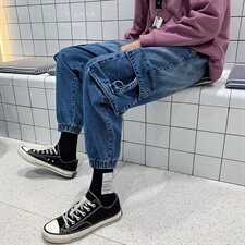 渐变工装牛仔裤大口袋新款时尚休闲裤加厚牛仔束脚裤子，男装牛仔裤，电商A102B
