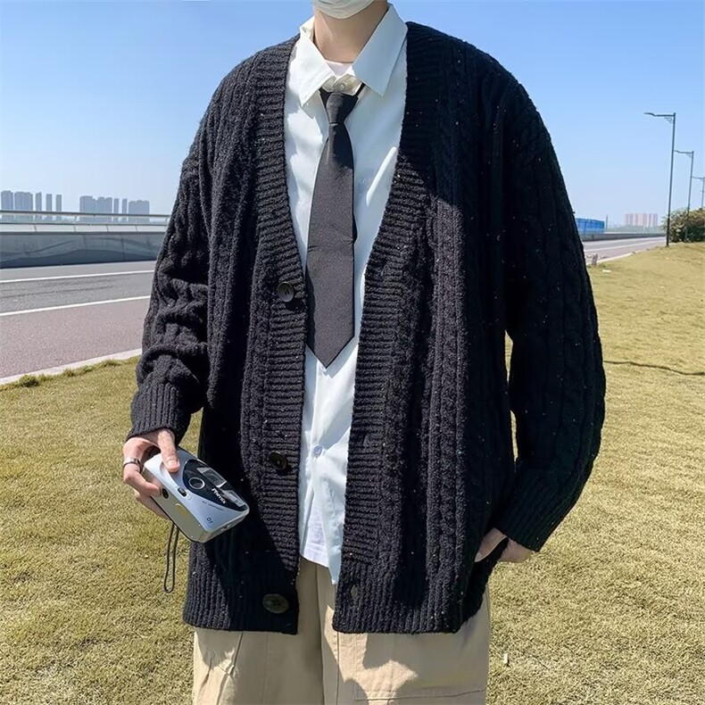港风秋冬款男V领毛衣单排扣针织衫螺纹宽松外套 M201 P55图片