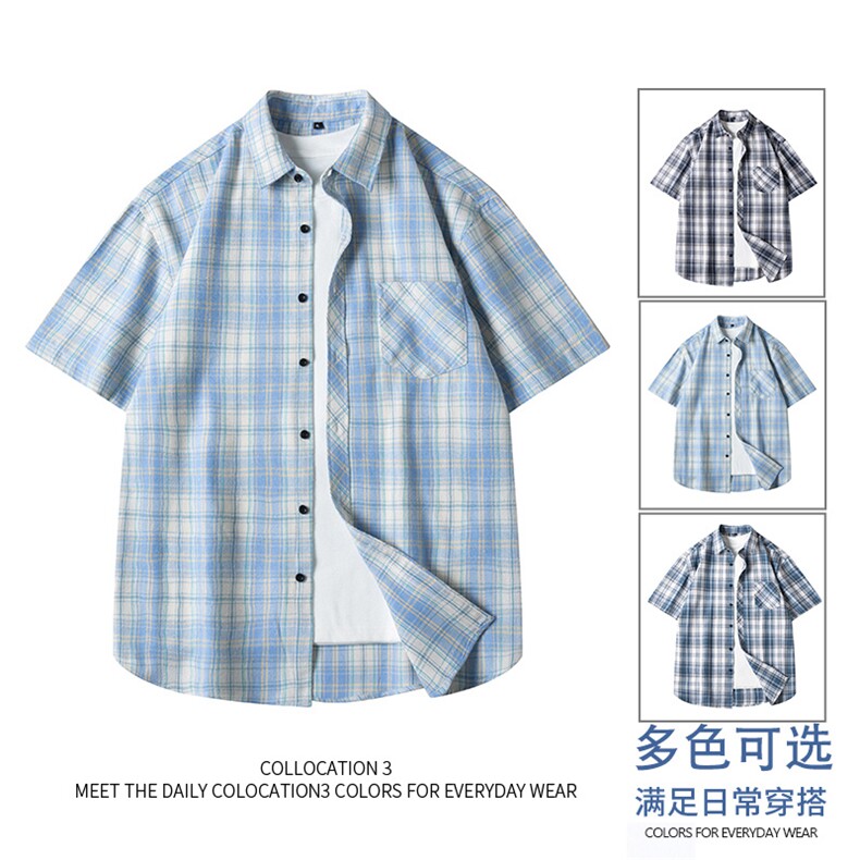 格子短袖衬衫跑量款 潮流格子风休闲透气短袖青少年男装上衣图片