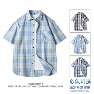 格子短袖衬衫跑量款 潮流格子风休闲透气短袖青少年男装上衣图片