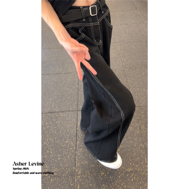 网图现货辑明线轮廓设计黑色牛仔裤男女同款阔腿直筒裤RB924-P58,男装牛仔裤,星座1005-4