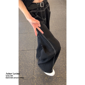 网图现货辑明线轮廓设计黑色牛仔裤男女同款阔腿直筒裤RB924-P58图片