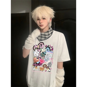 抖音得物供货210克现货宽松纯棉美式潮牌印花落肩袖纯棉T恤AT2143图片