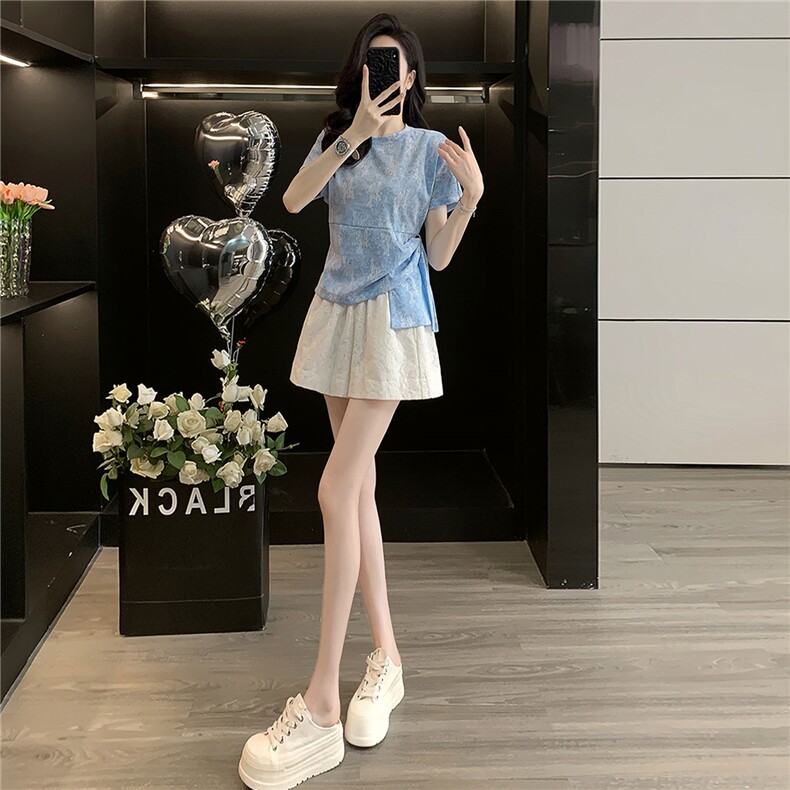 韩版时尚休闲套装女夏季款圆领独特侧绑带晕染短袖蕾丝短裤两件套,女装套装/套裙,江南