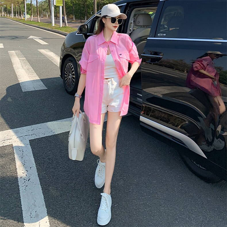 韩系潮流纯色长袖上衣女春季新款翻领单排扣休闲宽松减龄叠穿衬衣，女装衬衫，江南