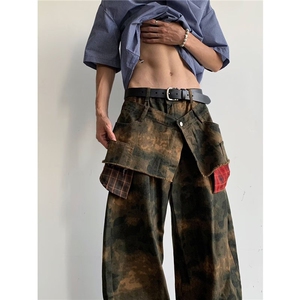 美式复古假两件拼接迷彩牛仔裤女夏季新款宽松显瘦阔腿弯刀裤裤子图片