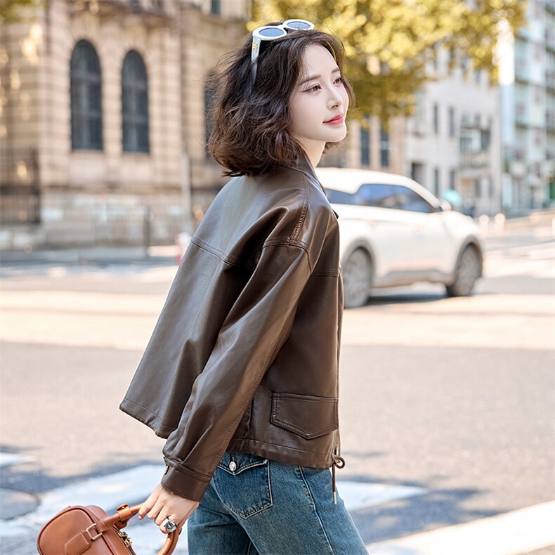 皮衣女短款2025春秋新款时尚休闲百搭真皮皮衣外套立领夹克上衣女,女装皮衣,臻衣坊