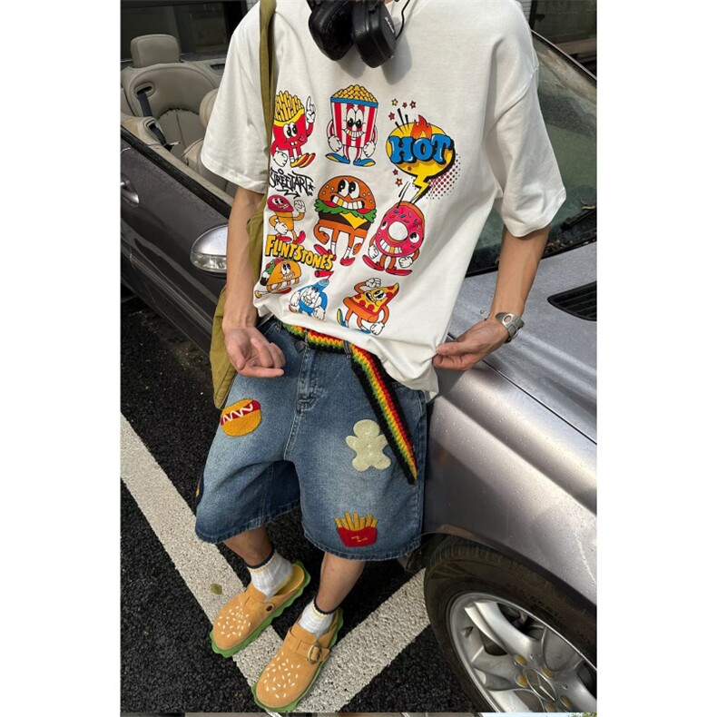 美式复古创意薯条毛巾绣牛仔短裤男女阔腿直筒宽松潮牌百搭五分裤图片