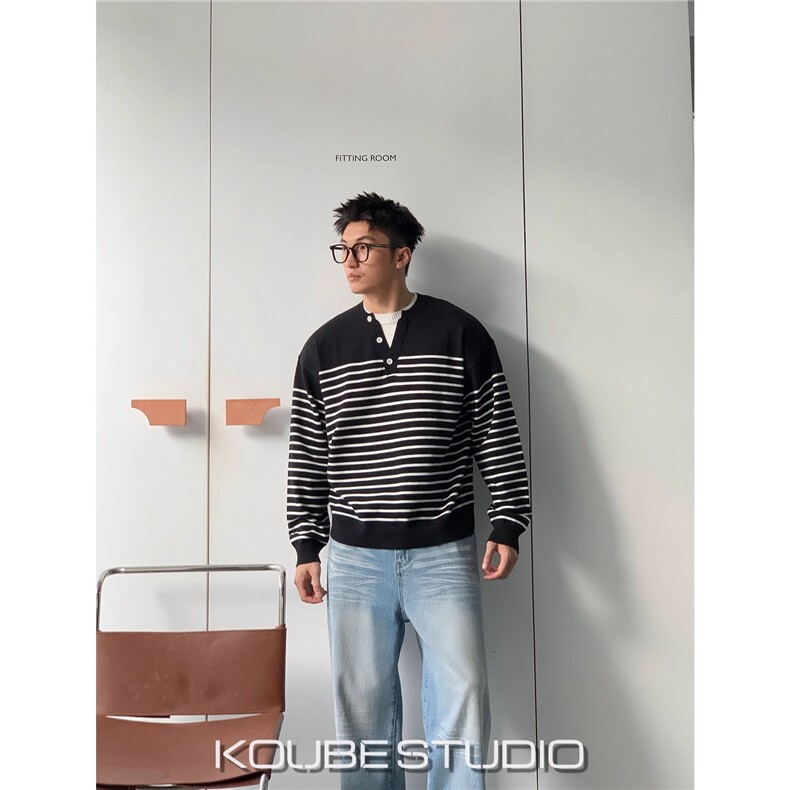 亨利领 假两件慵懒肌理感套头毛衣男宽松条纹长袖T恤打底衫图片