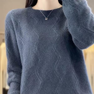 加厚半高领100%纯羊毛衫女扭花长袖针织毛衣宽松慵懒羊绒衫打底衫图片