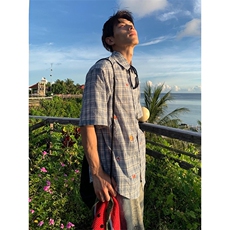 美式潮牌格子衬衫男夏季水果贴纸短袖衬衣设计感小众情侣宽松上衣，男装T恤，星座506A