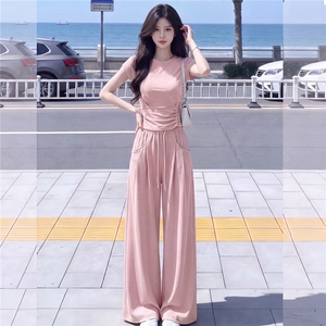 慵懒风时尚休闲套装女夏季新款高级感圆领短袖上衣阔腿长裤两件套图片