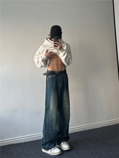 春秋新款美式复古牛仔裤男潮牌水洗设计感痞帅阔腿直筒裤子，男装牛仔裤，星座310A-4