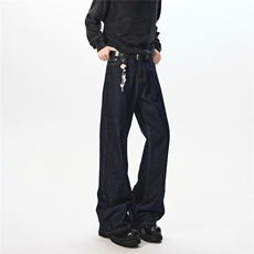 丹宁色微喇牛仔裤男春秋季美式cleanfit潮牌复古百搭窄版直筒裤子，男装牛仔裤，星座607-1