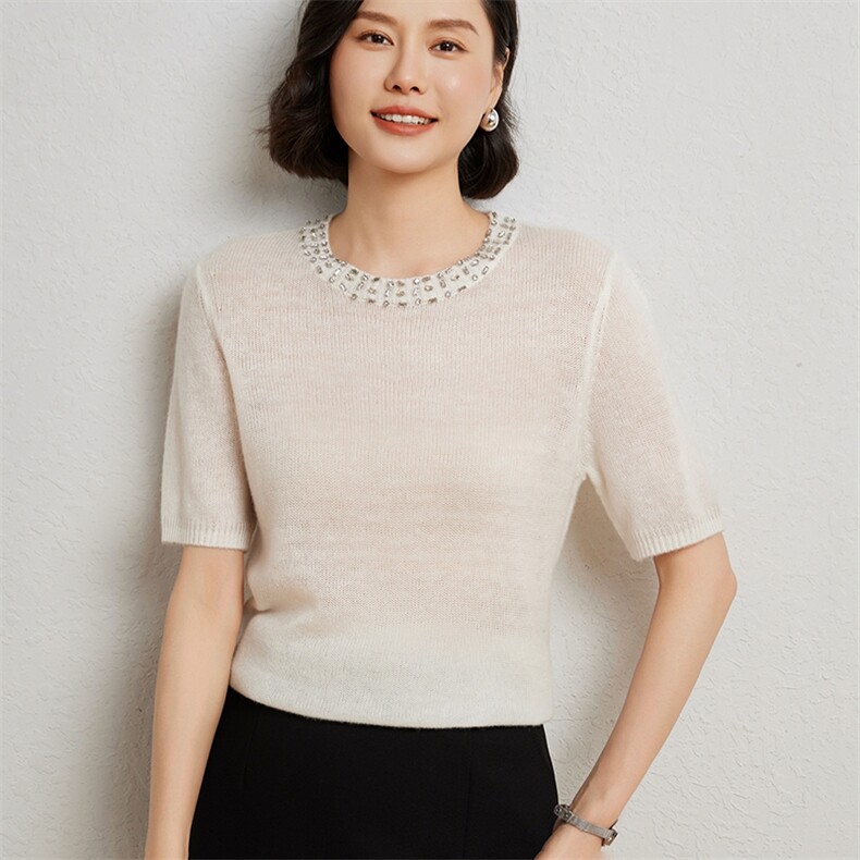时尚气质简约百搭7G天丝领子带钻短袖羊毛衫女秋冬新款图片