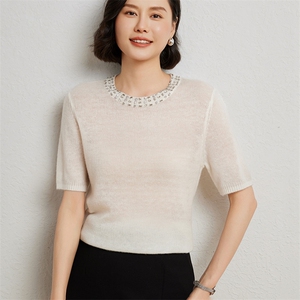 时尚气质简约百搭7G天丝领子带钻短袖羊毛衫女秋冬新款图片
