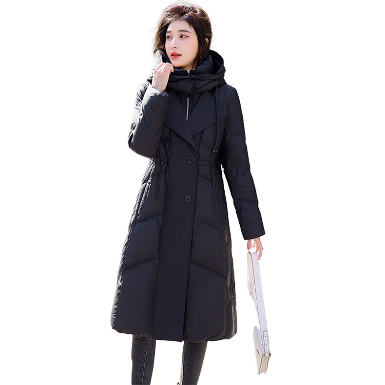 【现货】90%白鸭绒羽绒服女冬季新款中长款过膝加厚保暖连帽外套,女装羽绒服,鑫源服饰