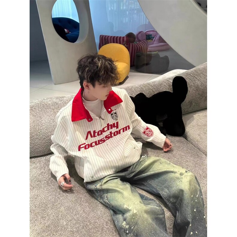 JK8566-P64美式街头撞色翻领条纹夹克男女春秋cleanfit高街宽松，男装T恤，电商B323A